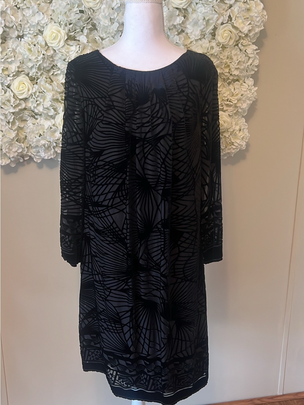 Black Velvet spider web Patterned Long Sleeve Dress silk blend